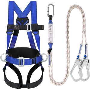 Safety Harness Fall Protection Kit - Full Body Roofing Harnesses With Shock Absorbing Lanyard - Updated Comfortable Waist Pad