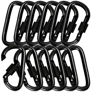 12pcs D-Shaped Spring Hook, Carabiners, Clips With Screw Gate, Black Aluminum Alloy Buckles For Outdoor Climbing, Camping, Hiking, Fishing, Keychain Hooks, 42 X 80 MM