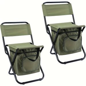 2pcs Small Folding Fishing Chair With Cooler Bag, Portable Backrest Fishing Stool, Lightweight Outdoor Folding Chair For Fishing, Hunting, Camping Travel Seat, Supports 220lbs (Green)